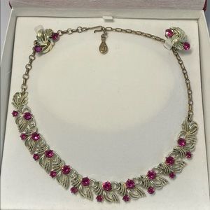 Signed Coro magenta rhinestone necklace & earrings